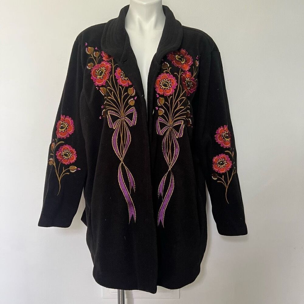 Bob Mackie Wearable Art 90s Embroidered Jacket Floral Bouquet bows